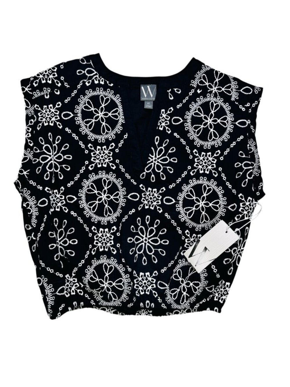 Worthington XS Embroidered Crop Top Navy White Cottage